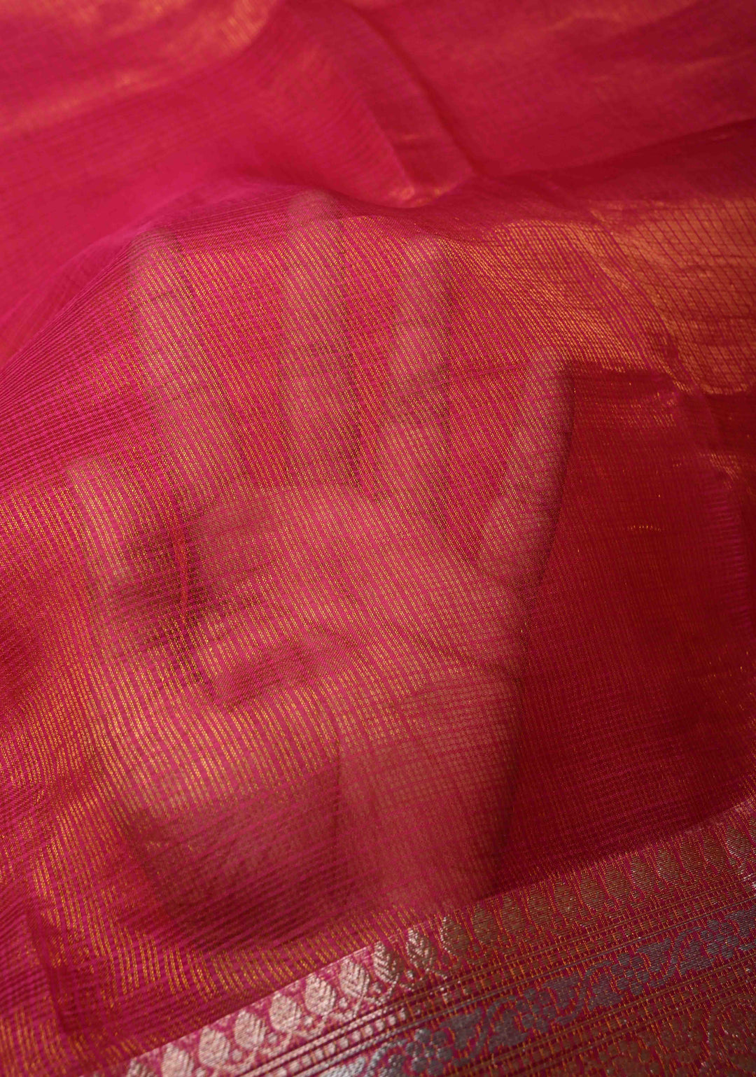 Bright Pink Kota Doria Tissue Cotton Saree with Sona Rupa Zari Border