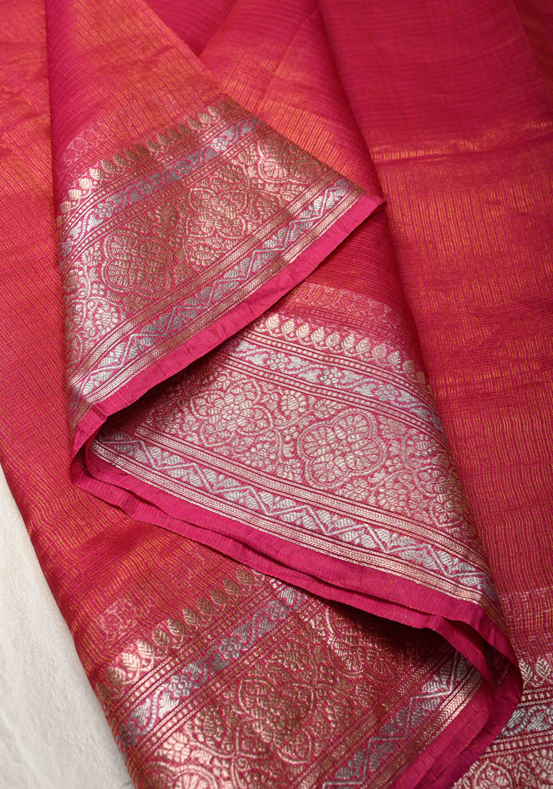 Bright Pink Kota Doria Tissue Cotton Saree with Sona Rupa Zari Border