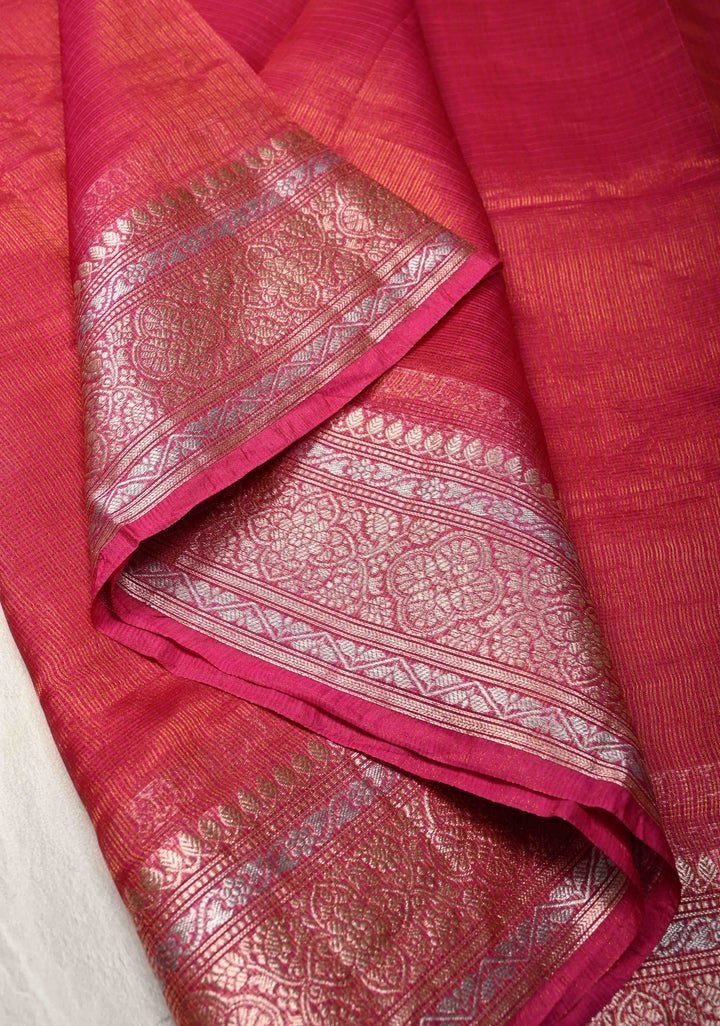 Bright Pink Kota Doria Tissue Cotton Saree with Sona Rupa Zari Border