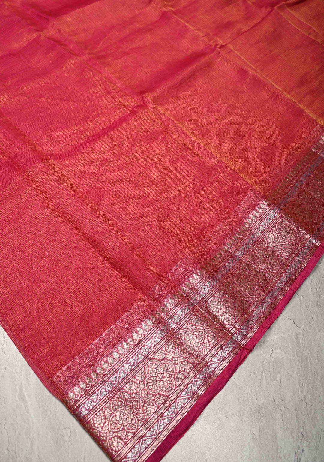 Bright Pink Kota Doria Tissue Cotton Saree with Sona Rupa Zari Border