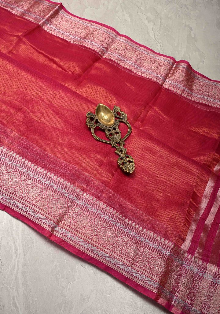 Bright Pink Kota Doria Tissue Cotton Saree with Sona Rupa Zari Border