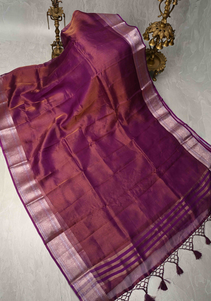 Purple Kota Doria Tissue Cotton Saree with Sona Rupa Zari Border