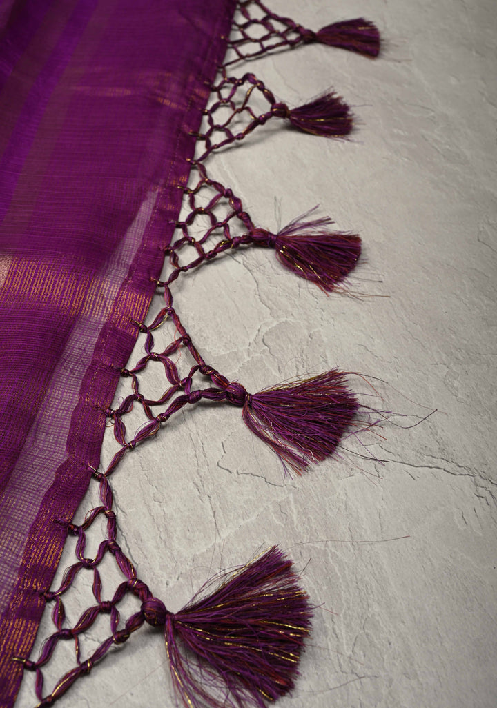 Purple Kota Doria Tissue Cotton Saree with Sona Rupa Zari Border