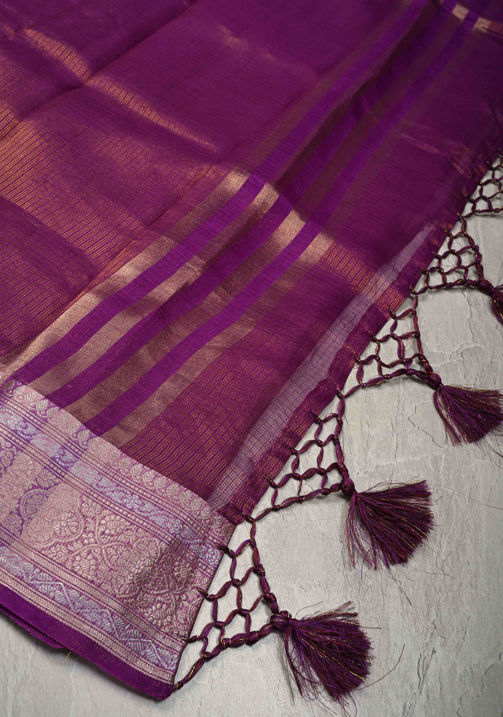 Purple Kota Doria Tissue Cotton Saree with Sona Rupa Zari Border