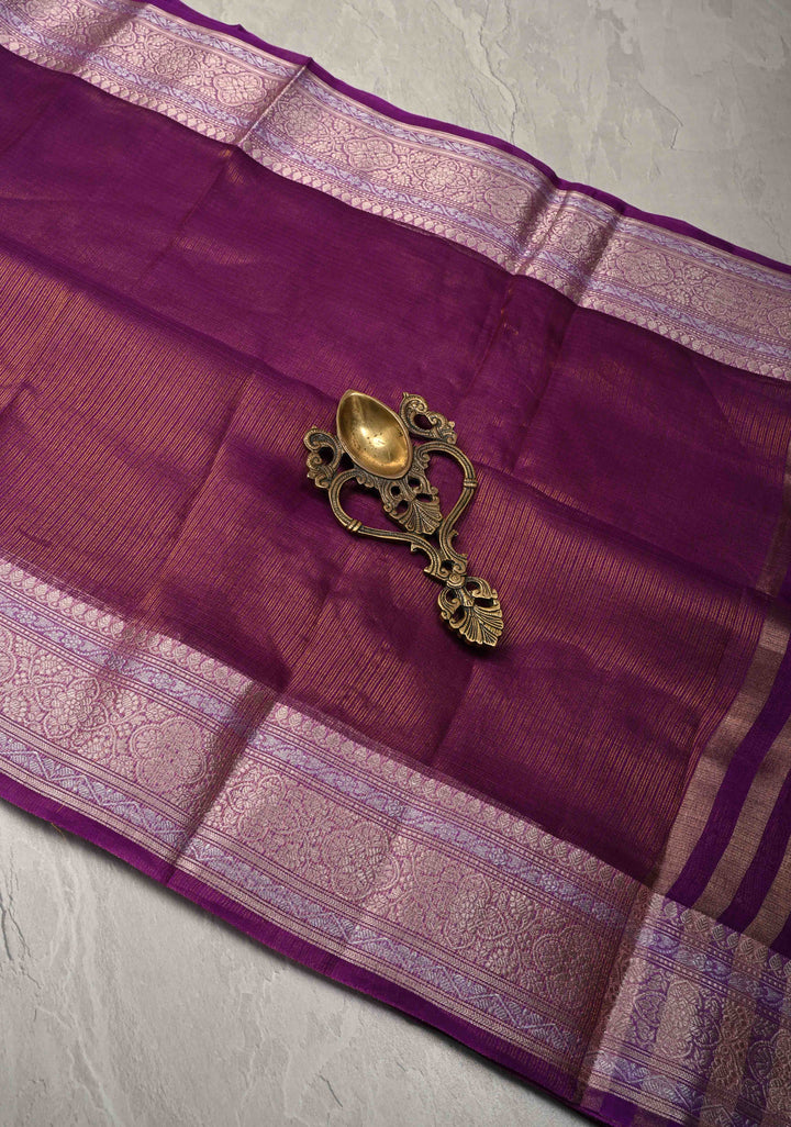 Purple Kota Doria Tissue Cotton Saree with Sona Rupa Zari Border