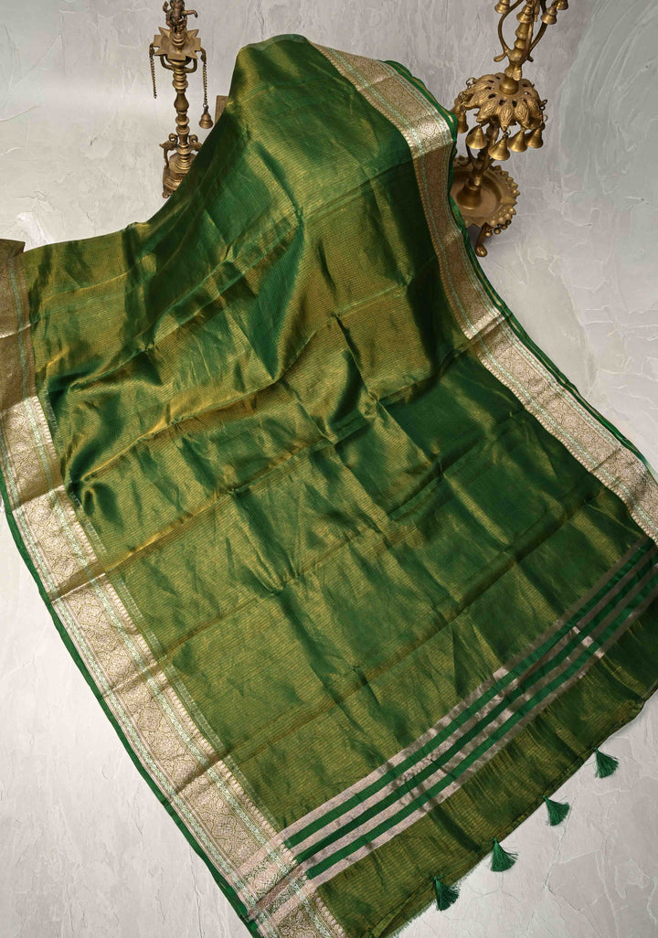 Irish Green Kota Doria Tissue Cotton Saree with Sona Rupa Zari Border
