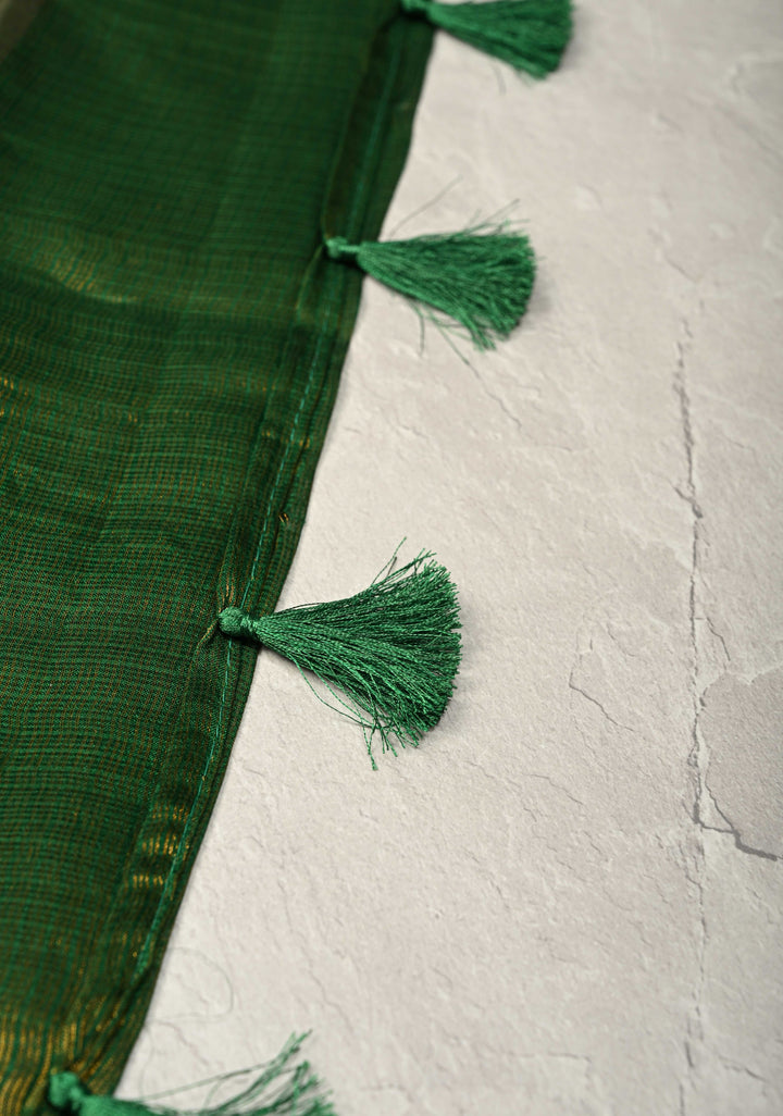 Irish Green Kota Doria Tissue Cotton Saree with Sona Rupa Zari Border
