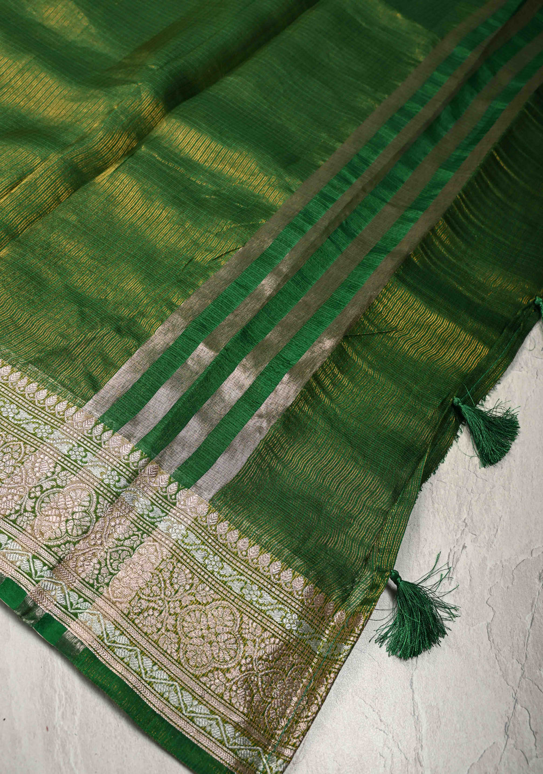 Irish Green Kota Doria Tissue Cotton Saree with Sona Rupa Zari Border