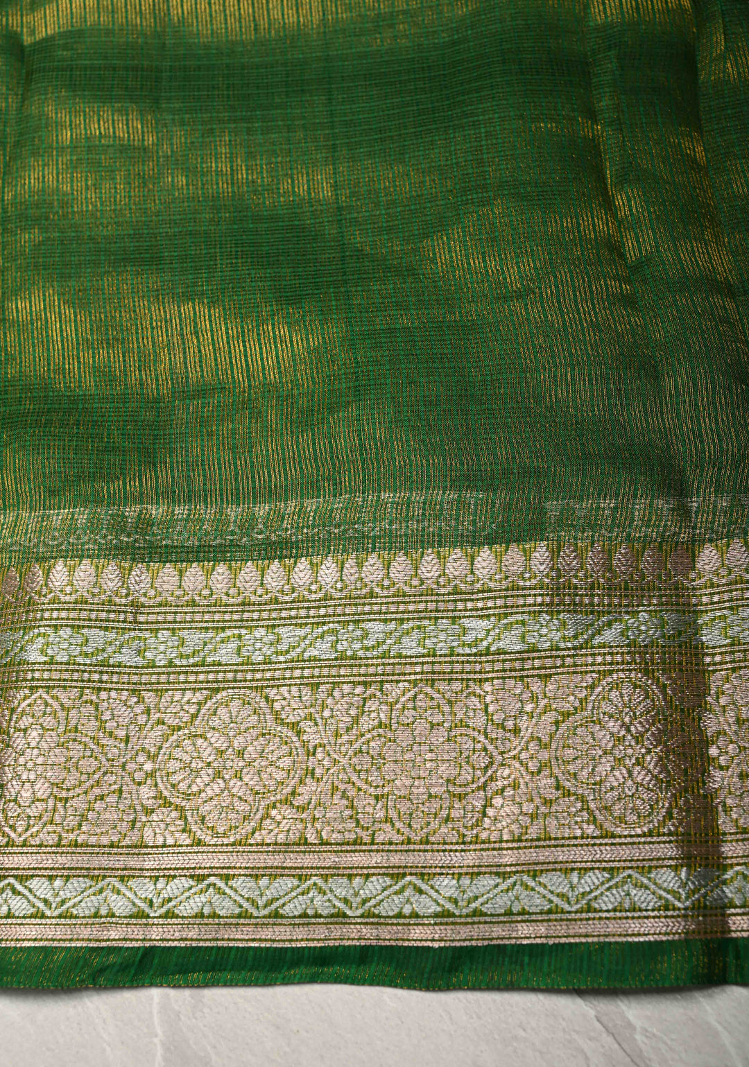 Irish Green Kota Doria Tissue Cotton Saree with Sona Rupa Zari Border