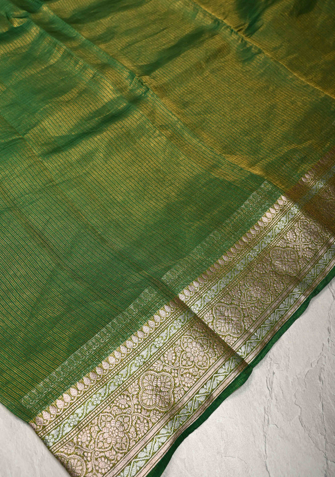 Irish Green Kota Doria Tissue Cotton Saree with Sona Rupa Zari Border