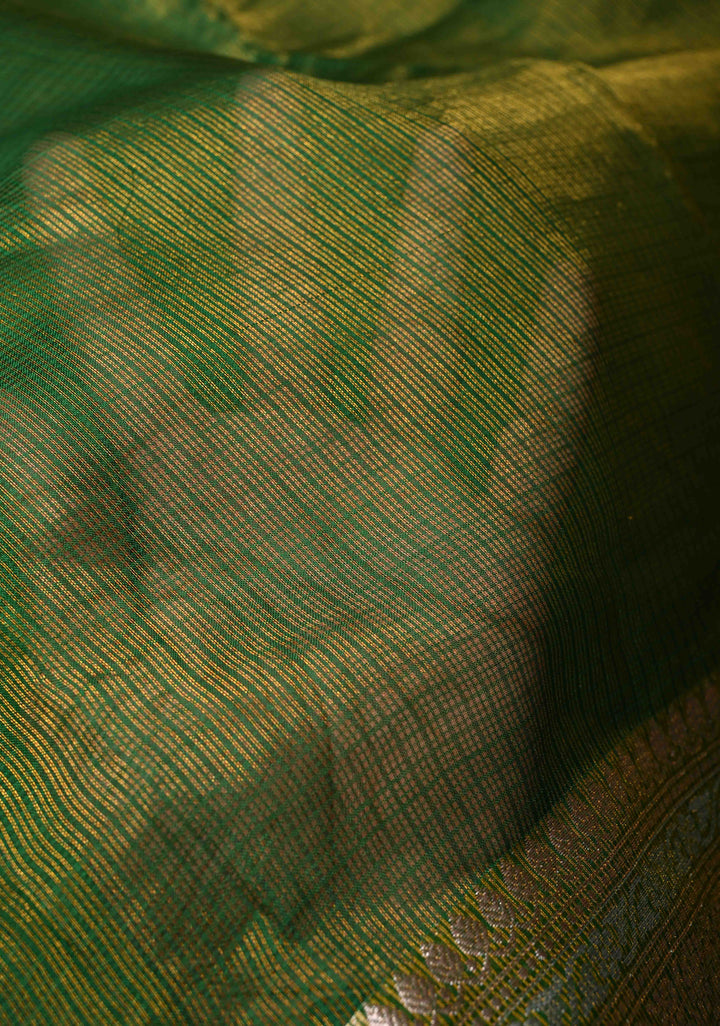 Irish Green Kota Doria Tissue Cotton Saree with Sona Rupa Zari Border
