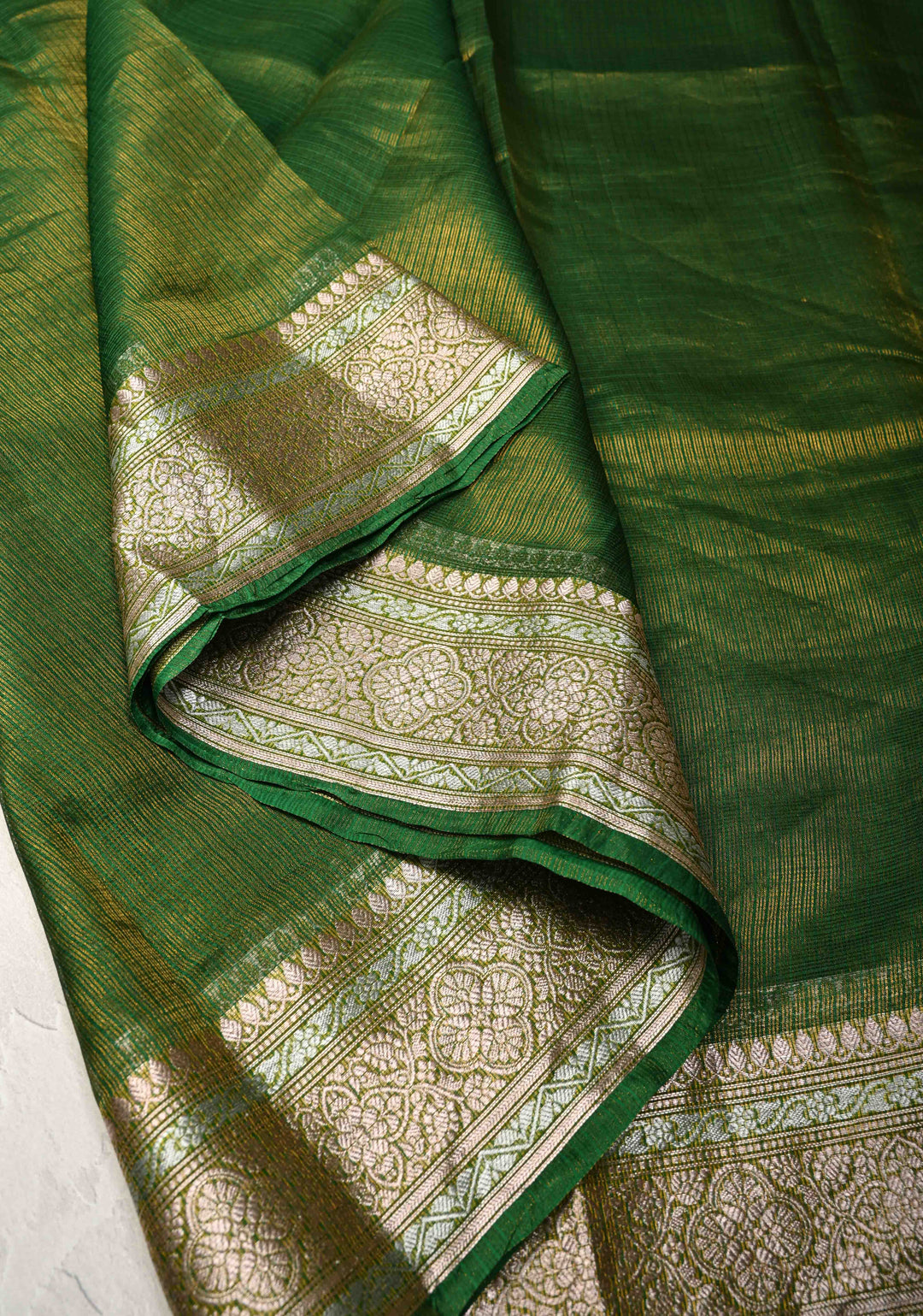Irish Green Kota Doria Tissue Cotton Saree with Sona Rupa Zari Border