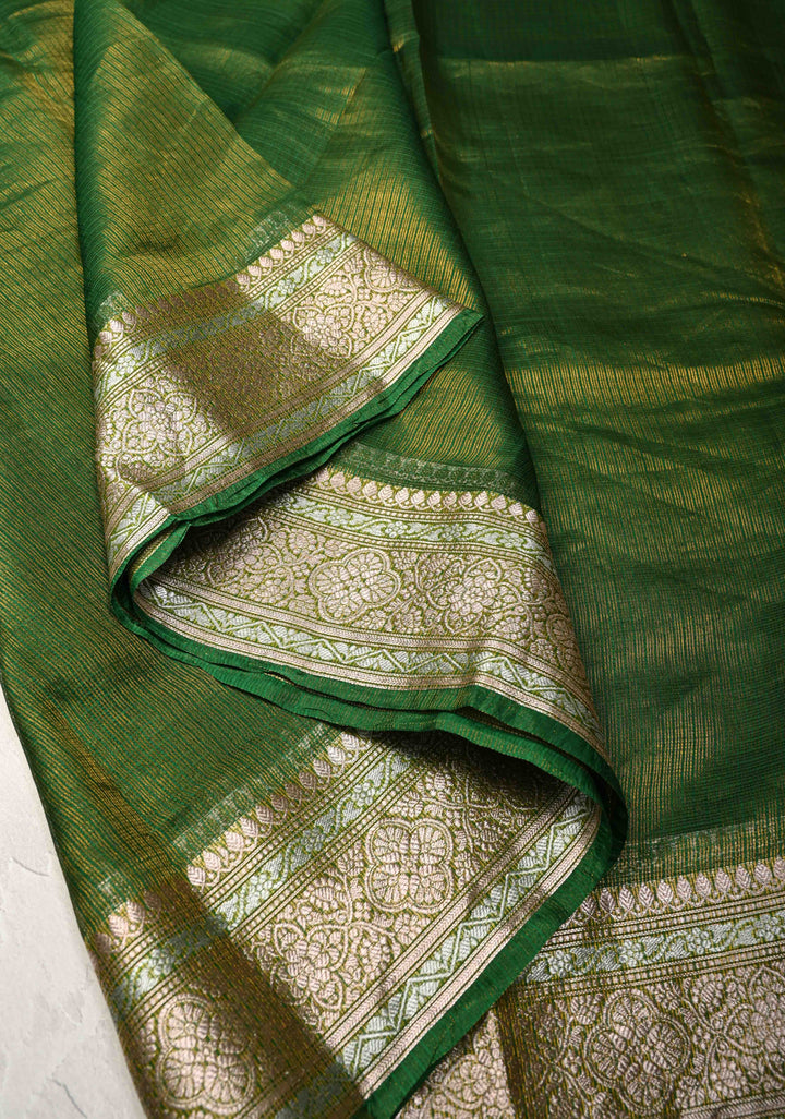Irish Green Kota Doria Tissue Cotton Saree with Sona Rupa Zari Border
