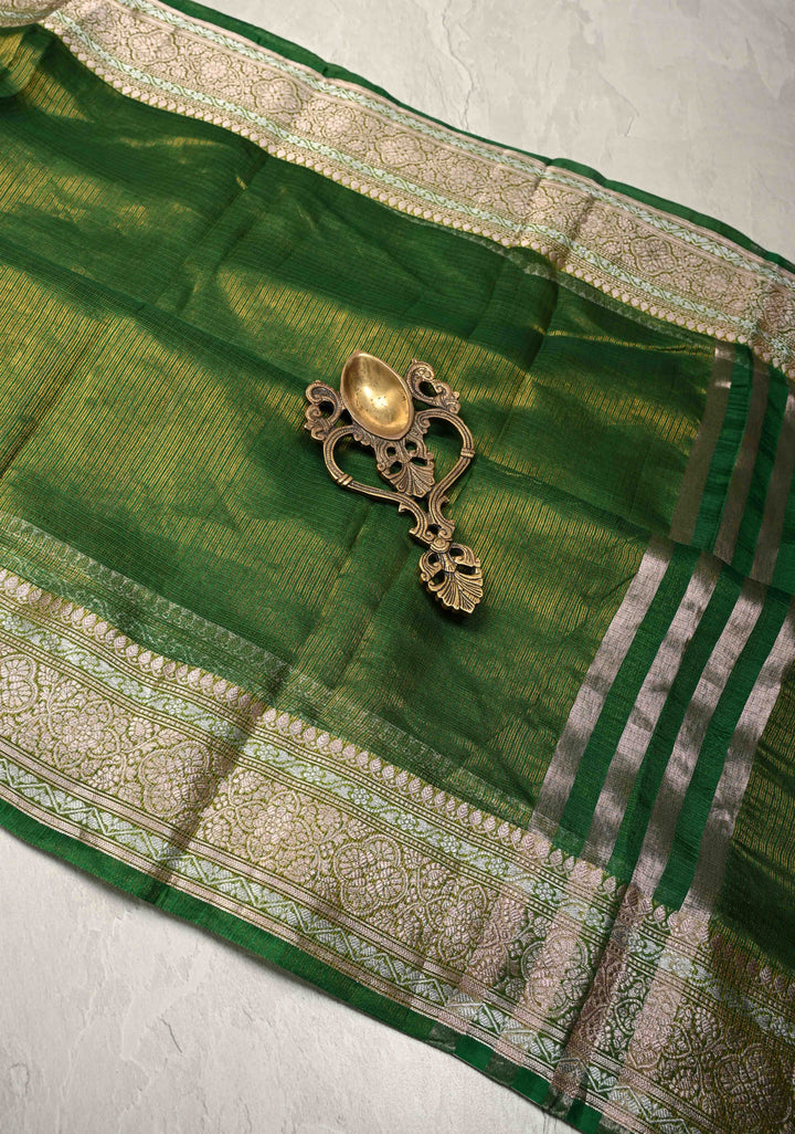 Irish Green Kota Doria Tissue Cotton Saree with Sona Rupa Zari Border