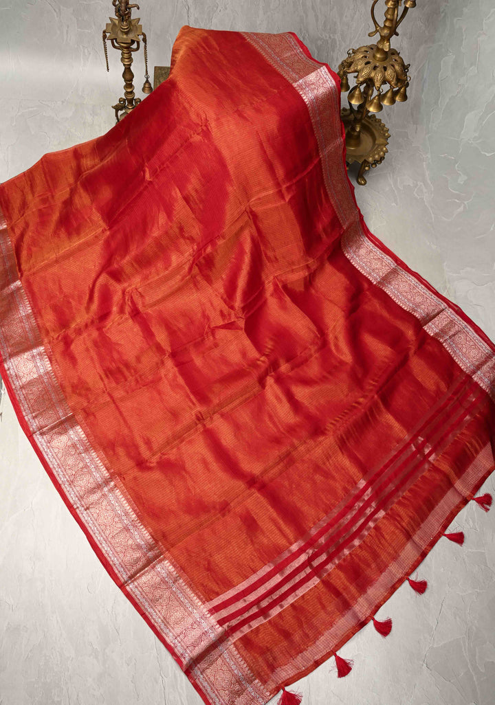 Red Kota Doria Tissue Cotton Saree with Sona Rupa Zari Border