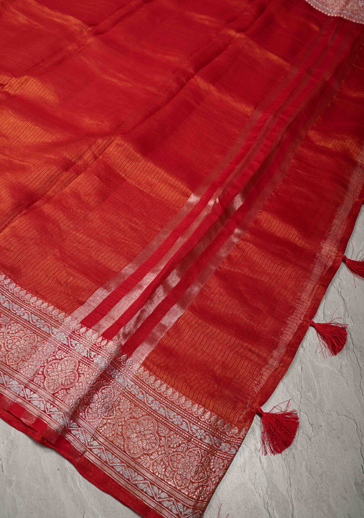 Red Kota Doria Tissue Cotton Saree with Sona Rupa Zari Border