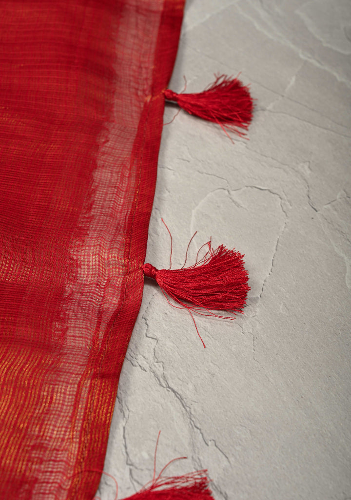 Red Kota Doria Tissue Cotton Saree with Sona Rupa Zari Border