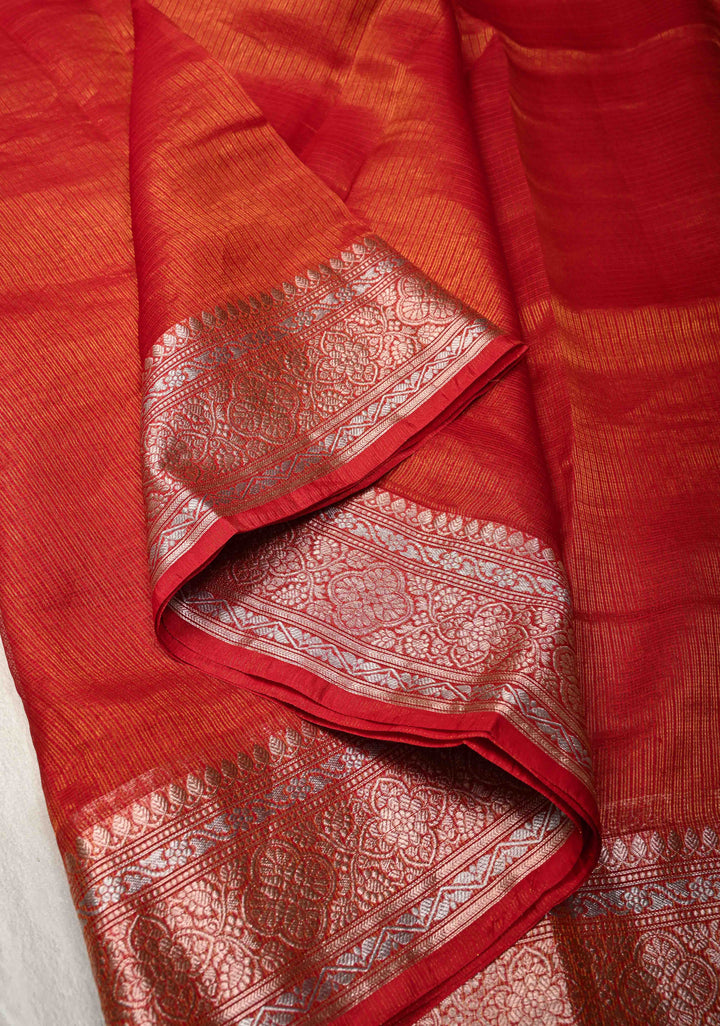 Red Kota Doria Tissue Cotton Saree with Sona Rupa Zari Border