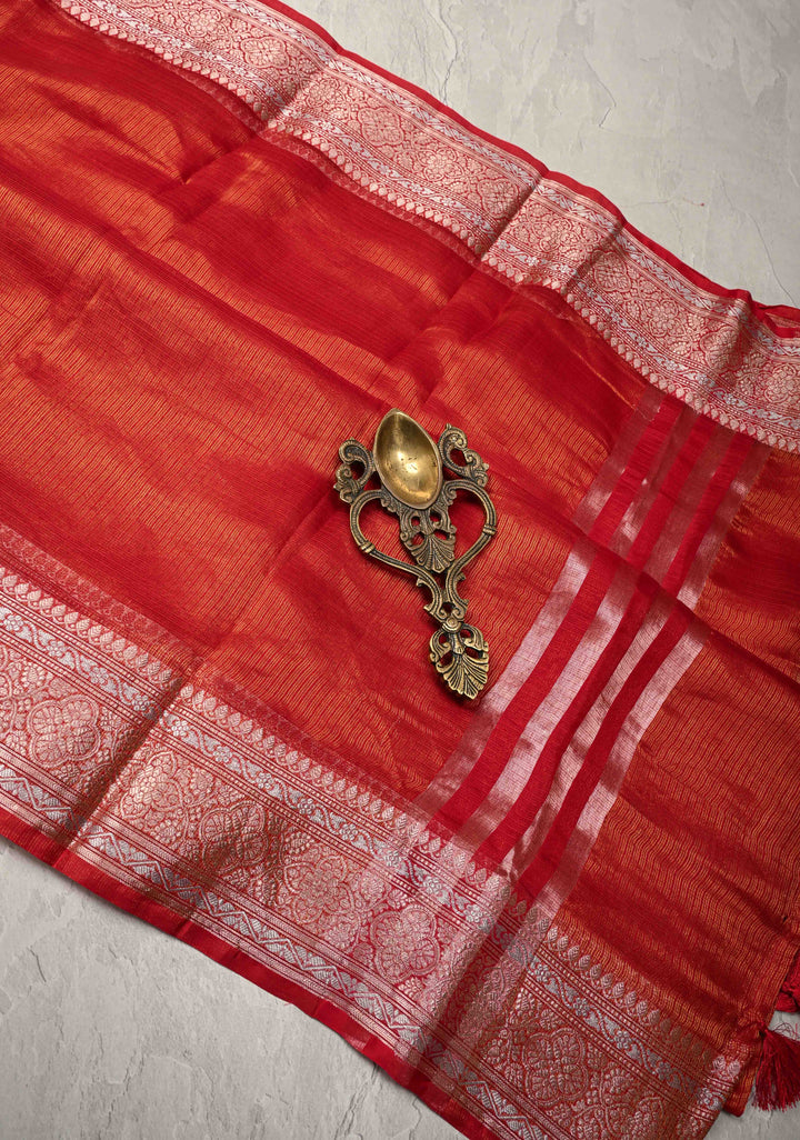 Red Kota Doria Tissue Cotton Saree with Sona Rupa Zari Border