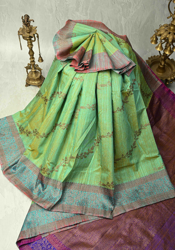 Green Dual Tone Dupion Banarasi Pure Silk Saree with Jungla Leheria Jaal Pattern and Antique Zari Borders | SILK MARK CERTIFIED