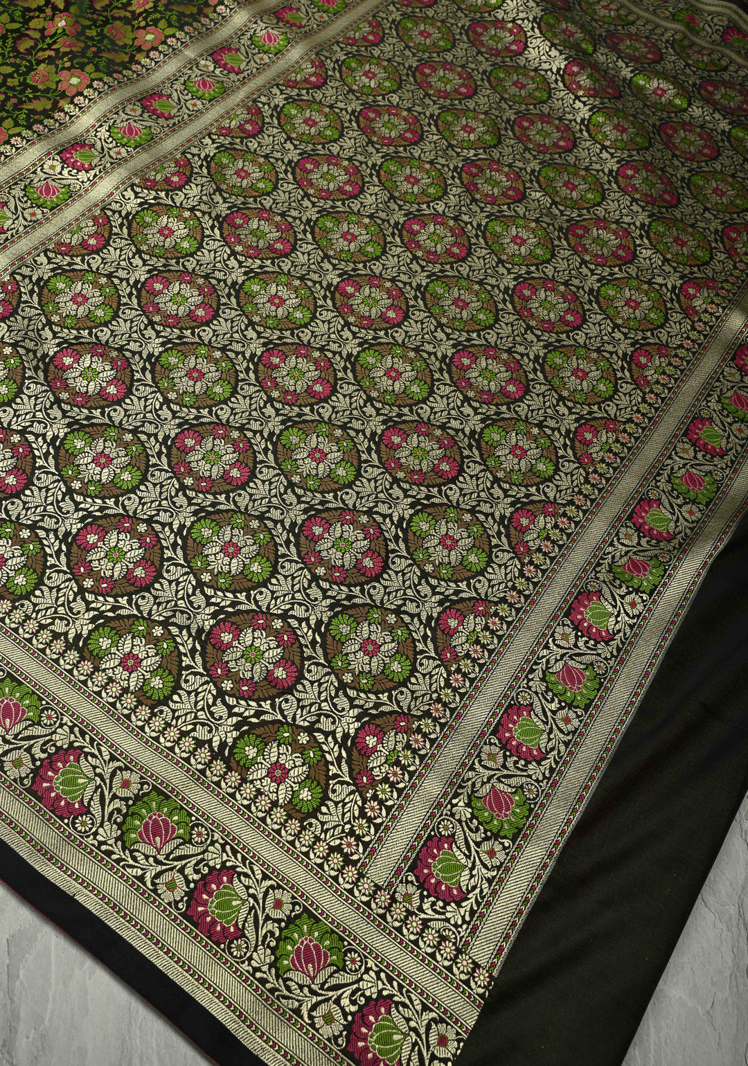 Black Semi Tanchoi Banarasi Satin Silk Saree with Meenakari Floral Brocade Jaal