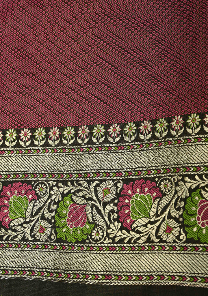 Black Semi Tanchoi Banarasi Satin Silk Saree with Meenakari Floral Brocade Jaal
