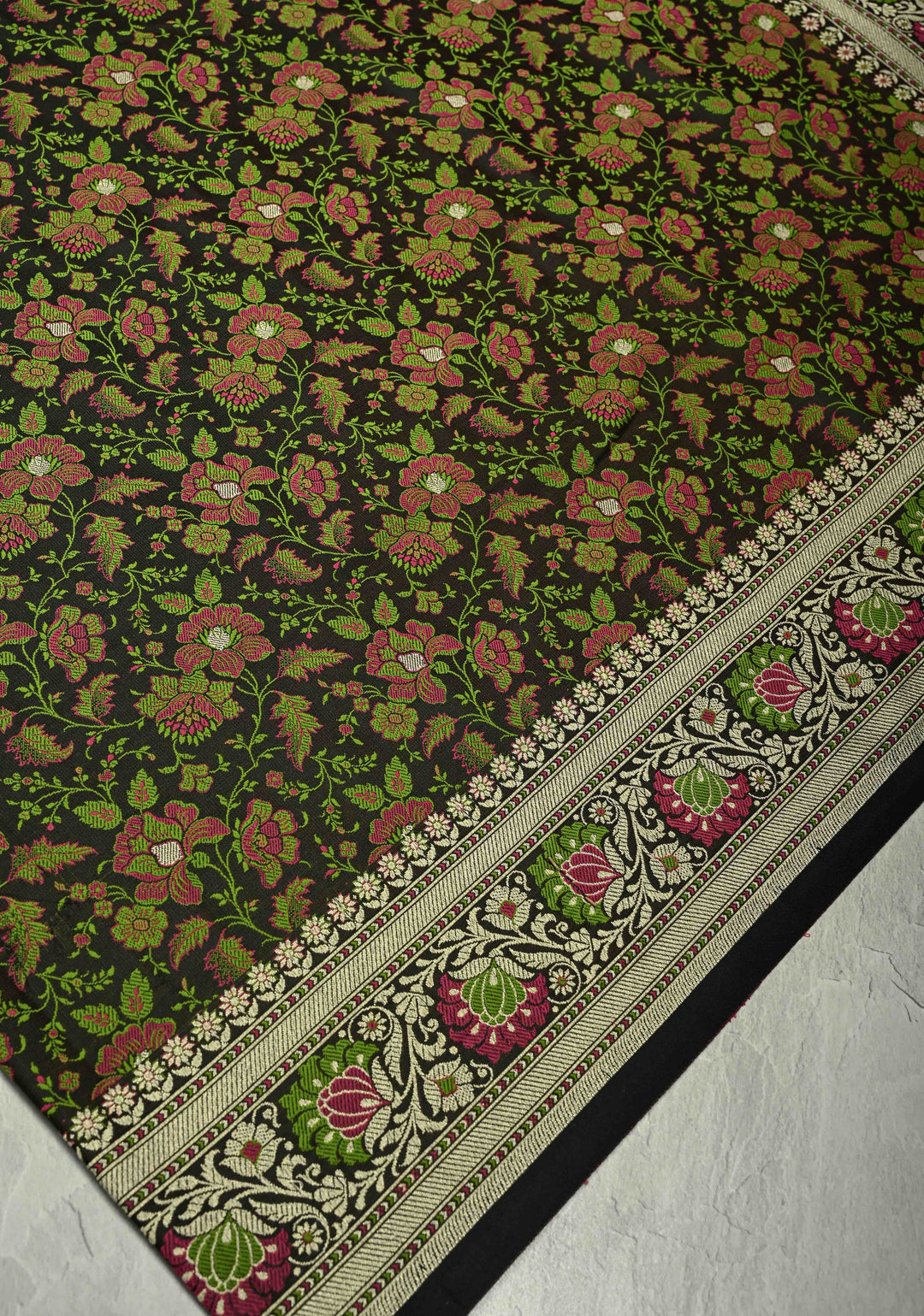 Black Semi Tanchoi Banarasi Satin Silk Saree with Meenakari Floral Brocade Jaal