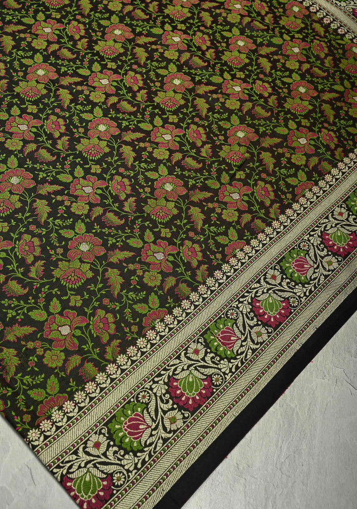 Black Semi Tanchoi Banarasi Satin Silk Saree with Meenakari Floral Brocade Jaal