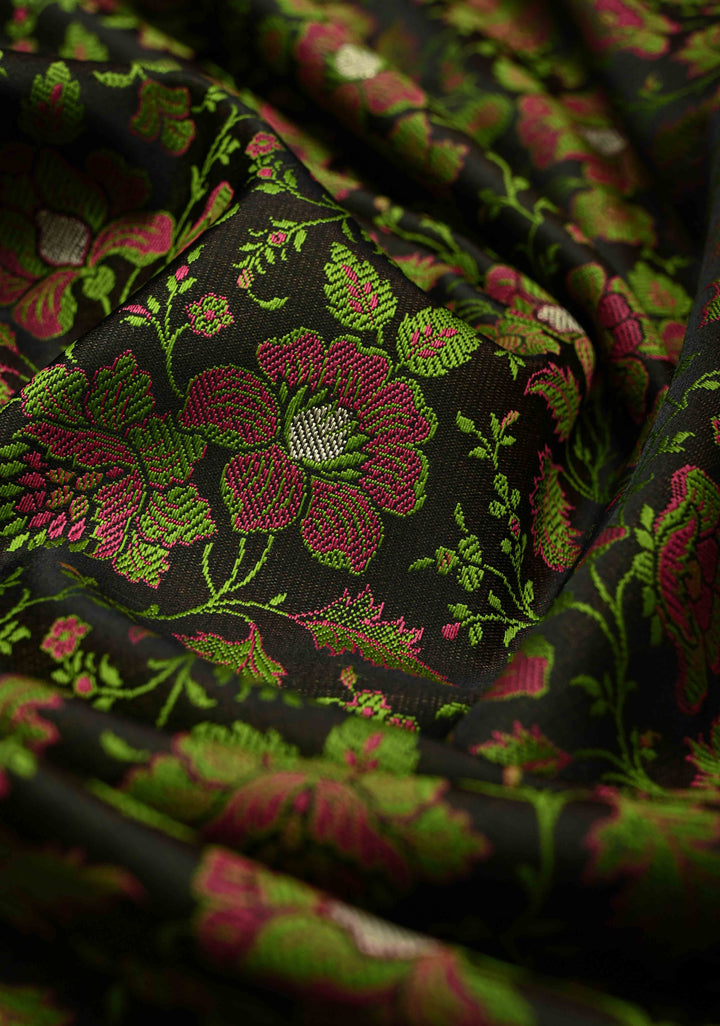Black Semi Tanchoi Banarasi Satin Silk Saree with Meenakari Floral Brocade Jaal