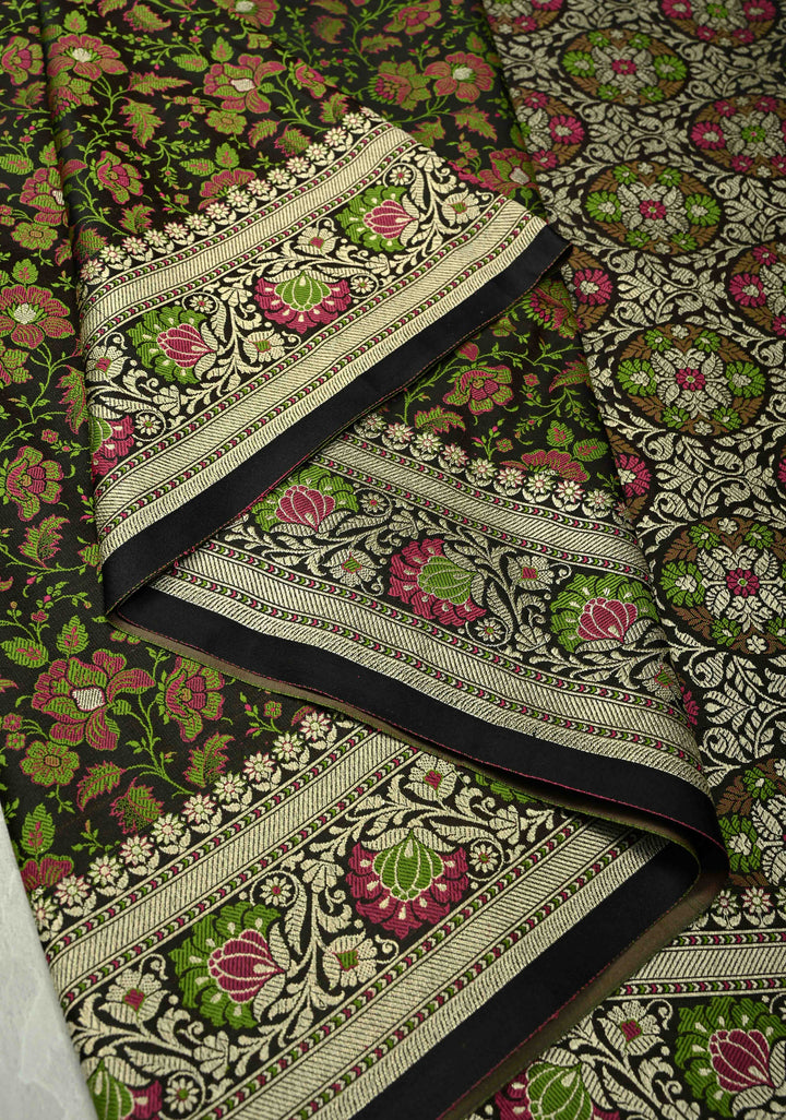 Black Semi Tanchoi Banarasi Satin Silk Saree with Meenakari Floral Brocade Jaal