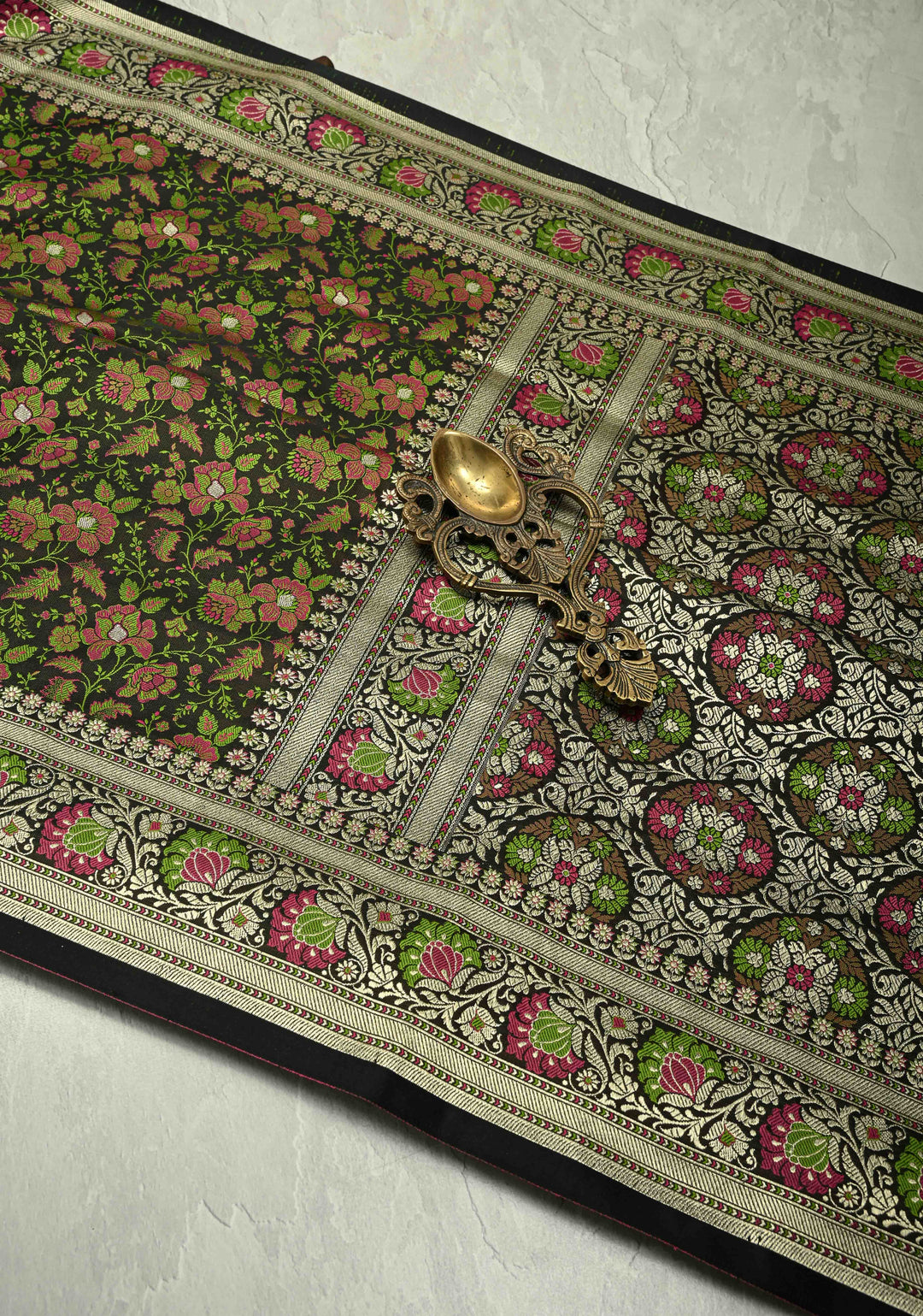 Black Semi Tanchoi Banarasi Satin Silk Saree with Meenakari Floral Brocade Jaal