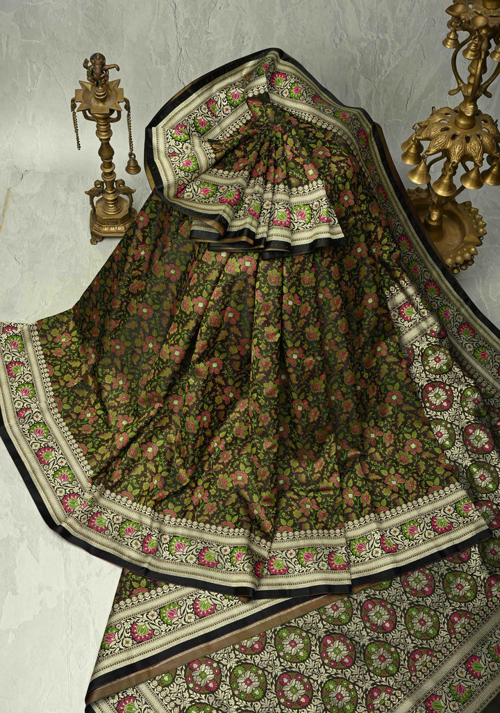 Black Semi Tanchoi Banarasi Satin Silk Saree with Meenakari Floral Brocade Jaal