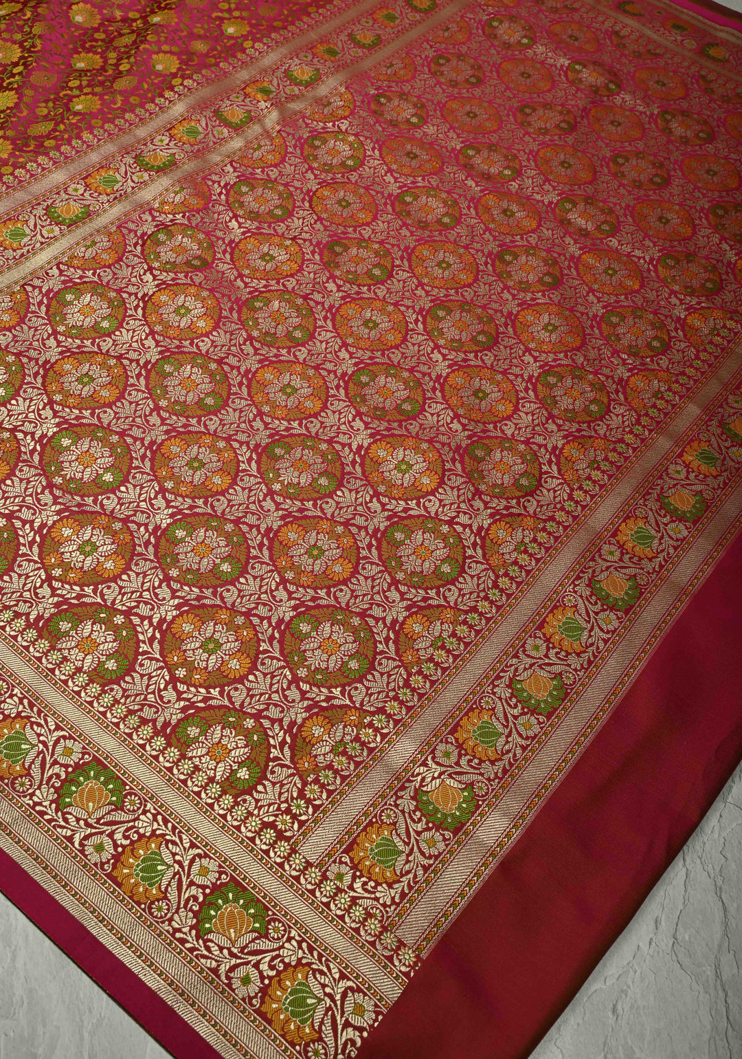 Dark Pink Semi Tanchoi Banarasi Satin Silk Saree with Meenakari Floral Brocade Jaal