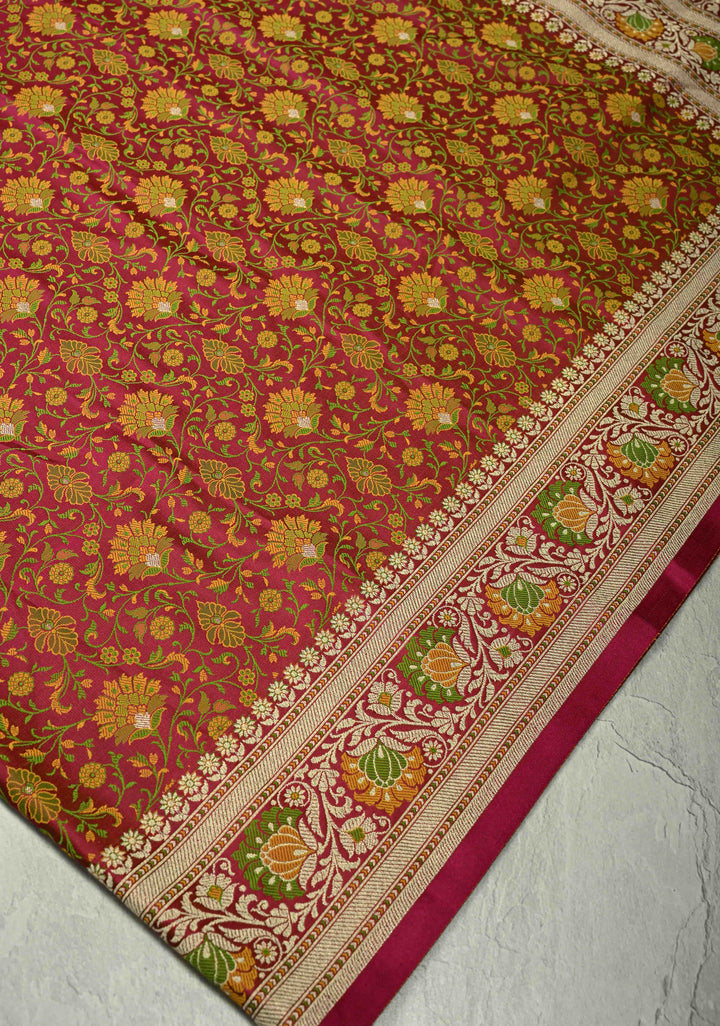 Dark Pink Semi Tanchoi Banarasi Satin Silk Saree with Meenakari Floral Brocade Jaal