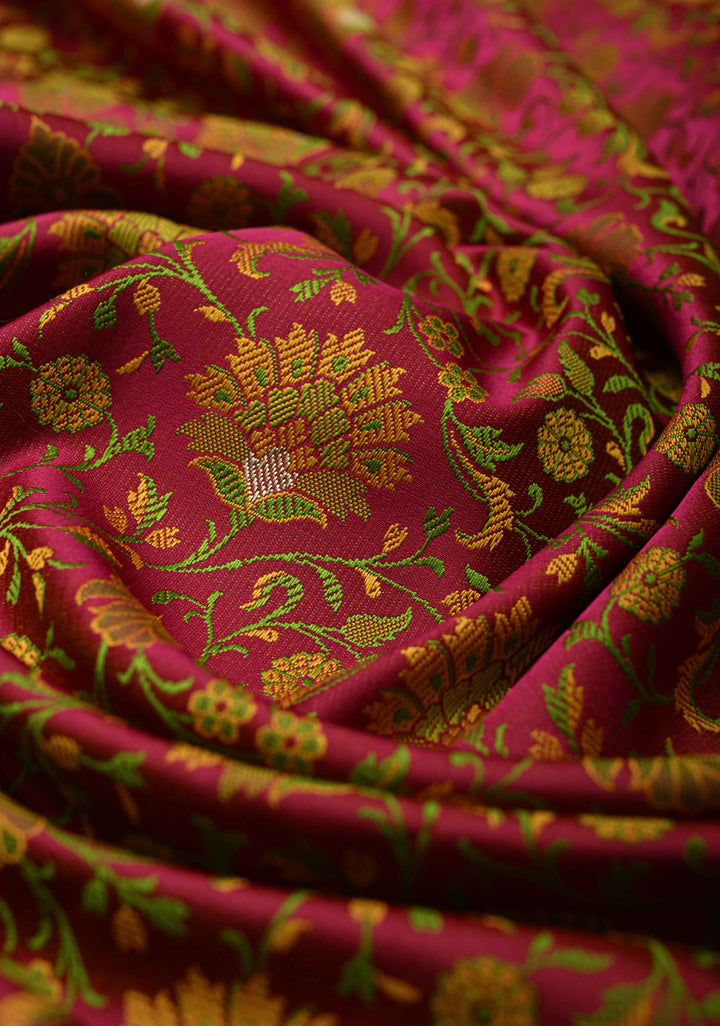 Dark Pink Semi Tanchoi Banarasi Satin Silk Saree with Meenakari Floral Brocade Jaal