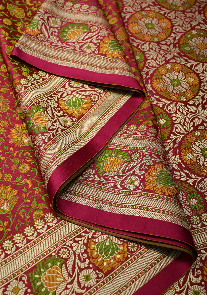Dark Pink Semi Tanchoi Banarasi Satin Silk Saree with Meenakari Floral Brocade Jaal