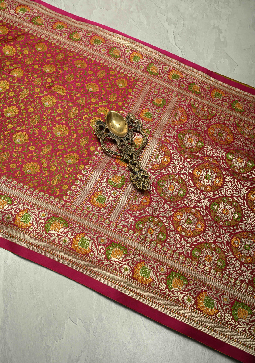 Dark Pink Semi Tanchoi Banarasi Satin Silk Saree with Meenakari Floral Brocade Jaal