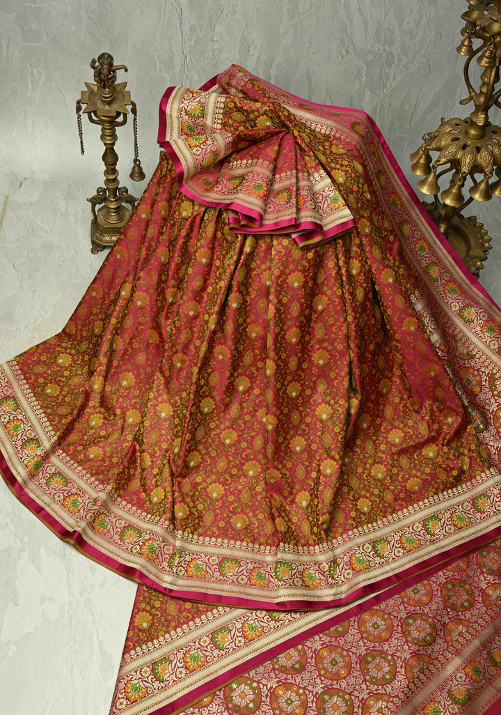 Dark Pink Semi Tanchoi Banarasi Satin Silk Saree with Meenakari Floral Brocade Jaal