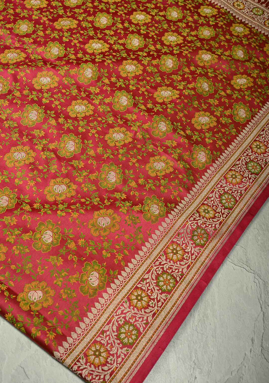 Pink Semi Tanchoi Banarasi Satin Silk Saree with Meenakari Floral Brocade Jaal