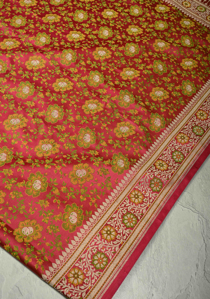 Pink Semi Tanchoi Banarasi Satin Silk Saree with Meenakari Floral Brocade Jaal