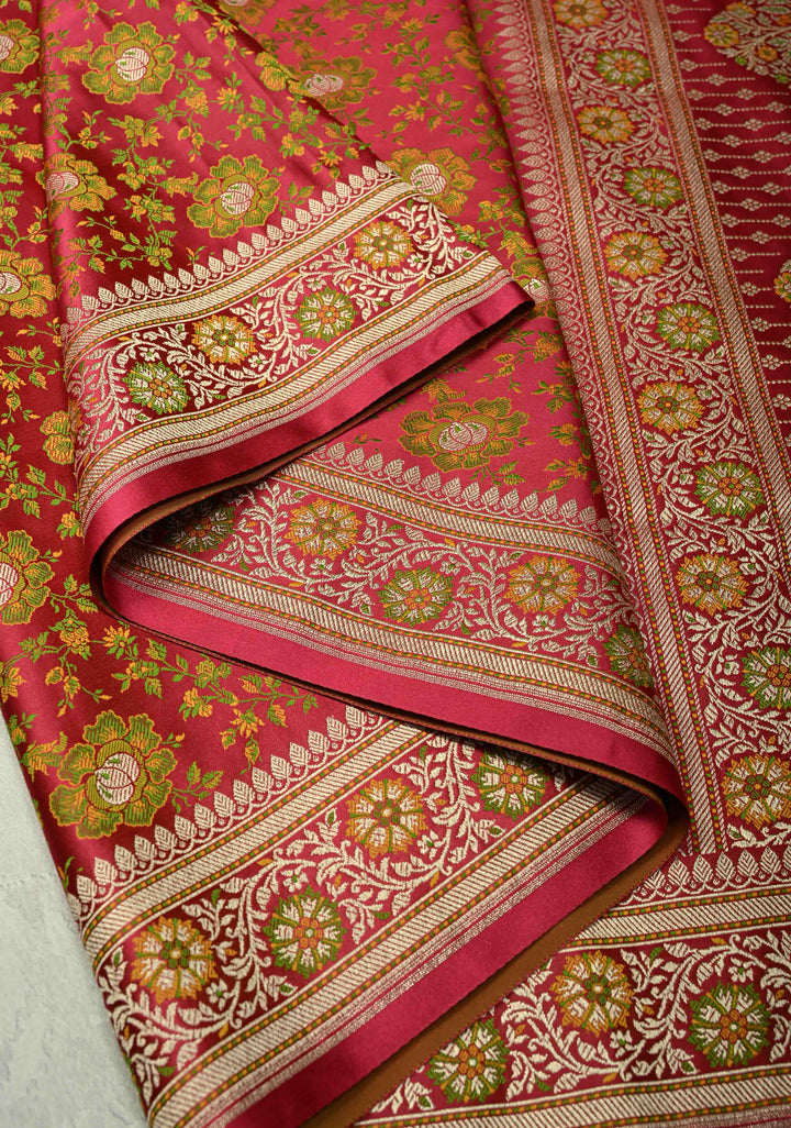Pink Semi Tanchoi Banarasi Satin Silk Saree with Meenakari Floral Brocade Jaal