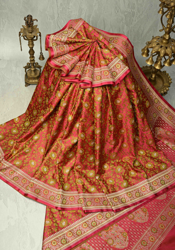 Pink Semi Tanchoi Banarasi Satin Silk Saree with Meenakari Floral Brocade Jaal