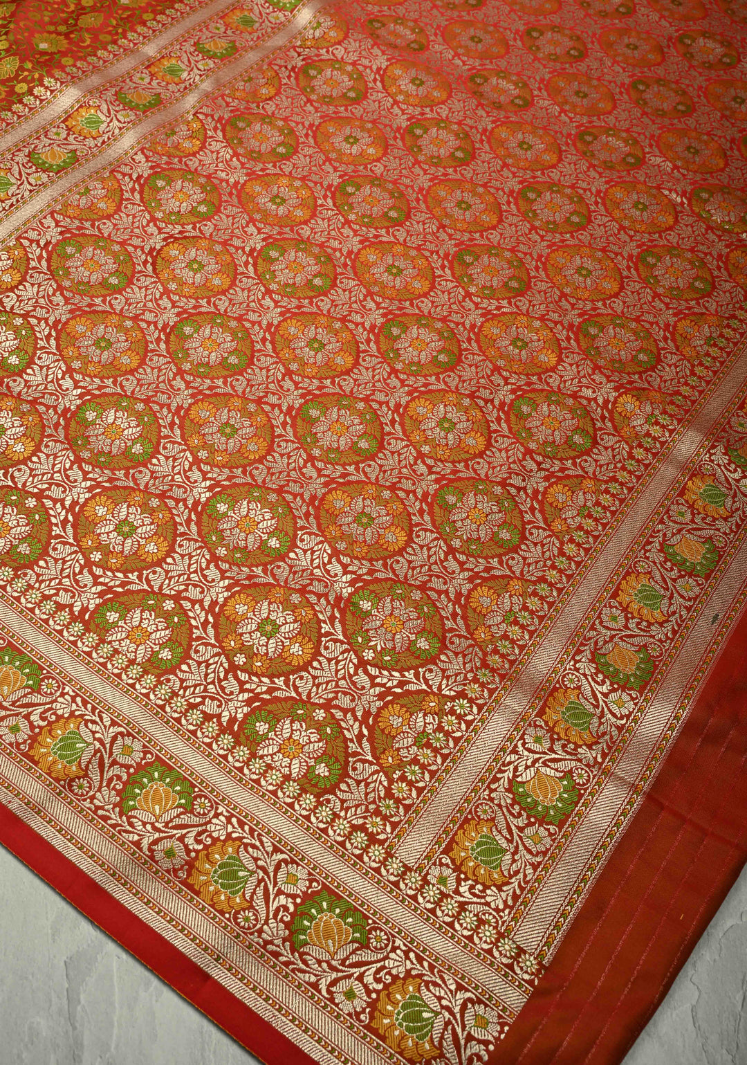 Scarlet Red Semi Tanchoi Banarasi Satin Silk Saree with Meenakari Floral Brocade Jaal