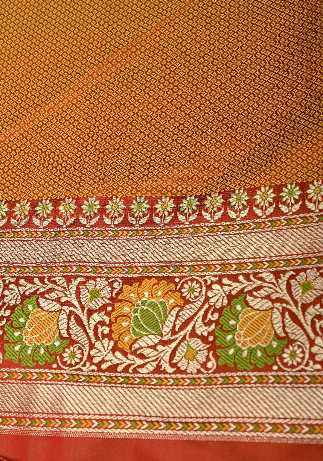 Scarlet Red Semi Tanchoi Banarasi Satin Silk Saree with Meenakari Floral Brocade Jaal