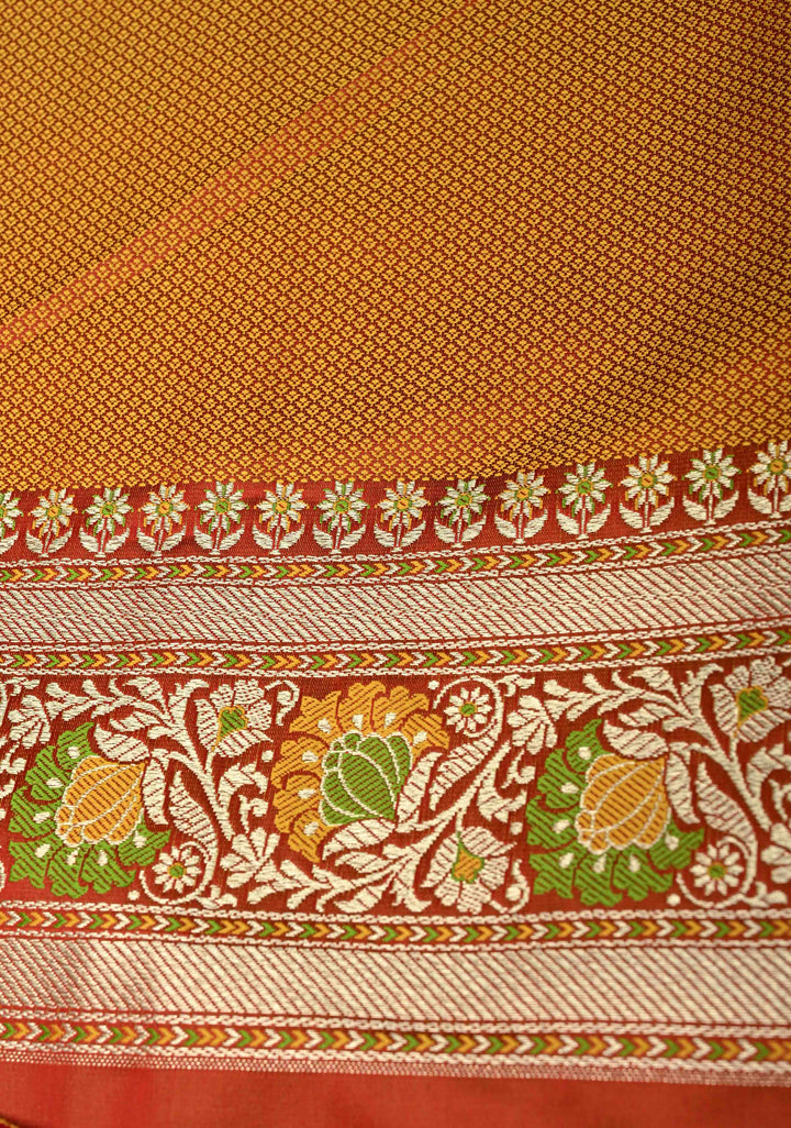 Scarlet Red Semi Tanchoi Banarasi Satin Silk Saree with Meenakari Floral Brocade Jaal