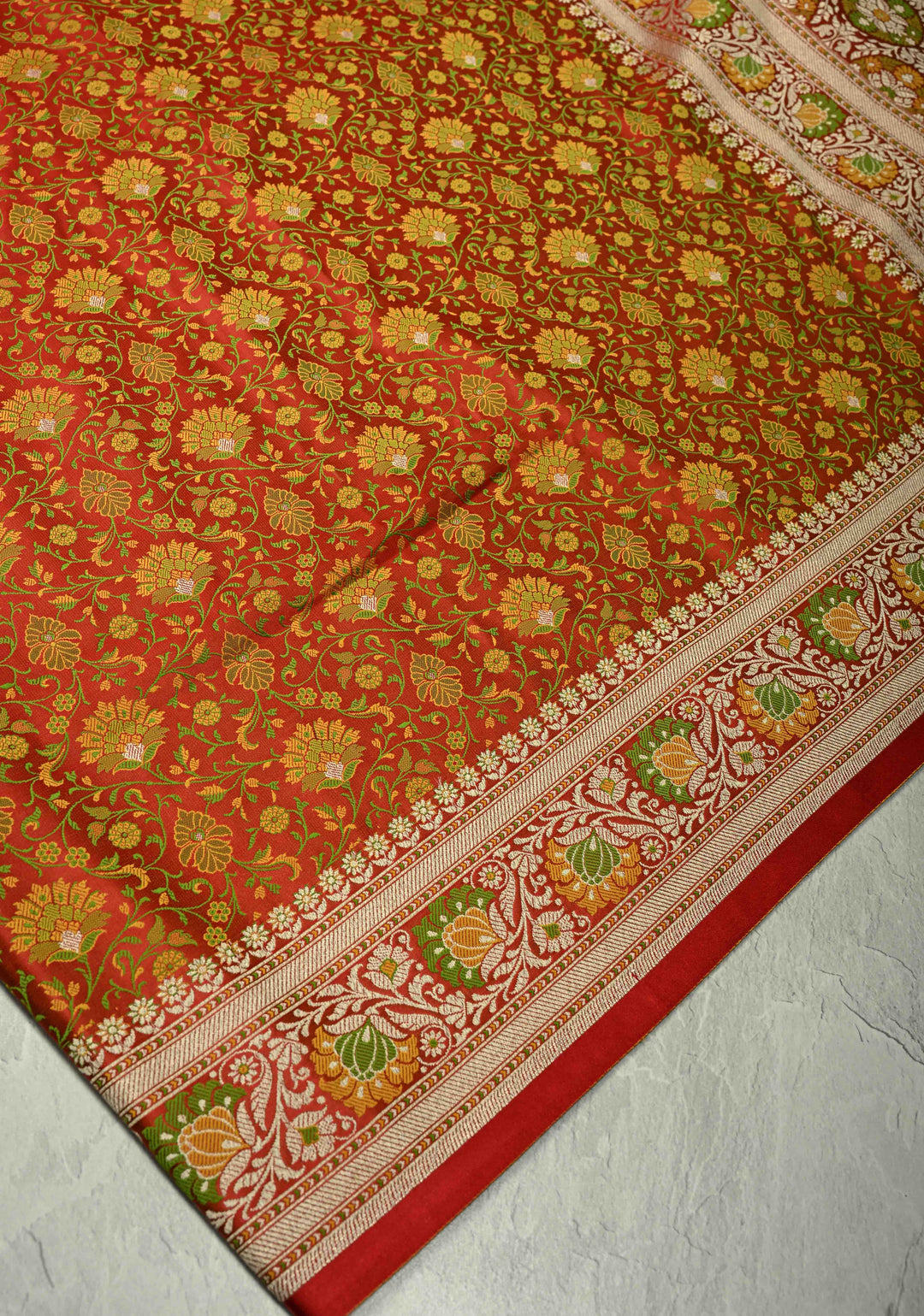 Scarlet Red Semi Tanchoi Banarasi Satin Silk Saree with Meenakari Floral Brocade Jaal