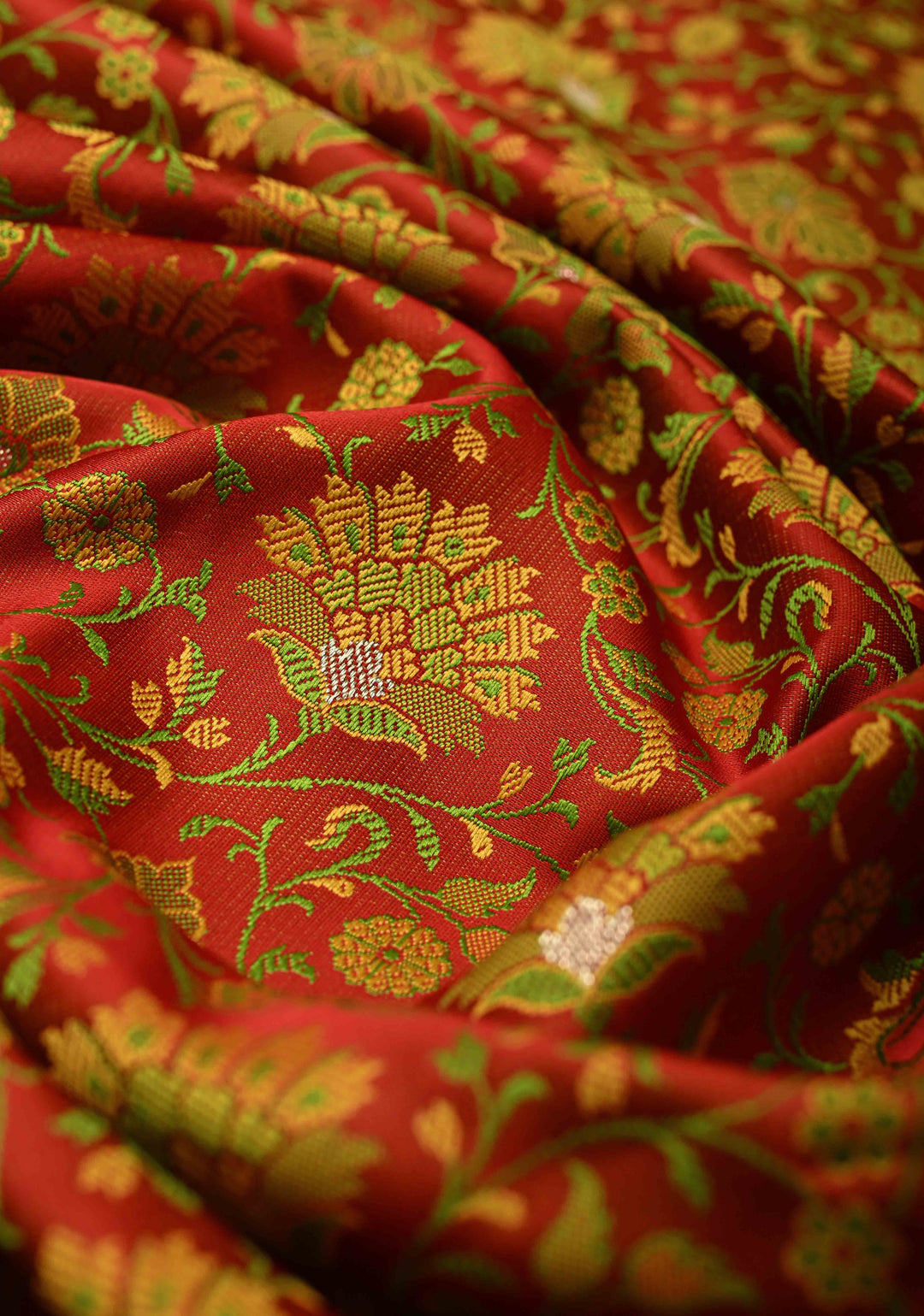 Scarlet Red Semi Tanchoi Banarasi Satin Silk Saree with Meenakari Floral Brocade Jaal