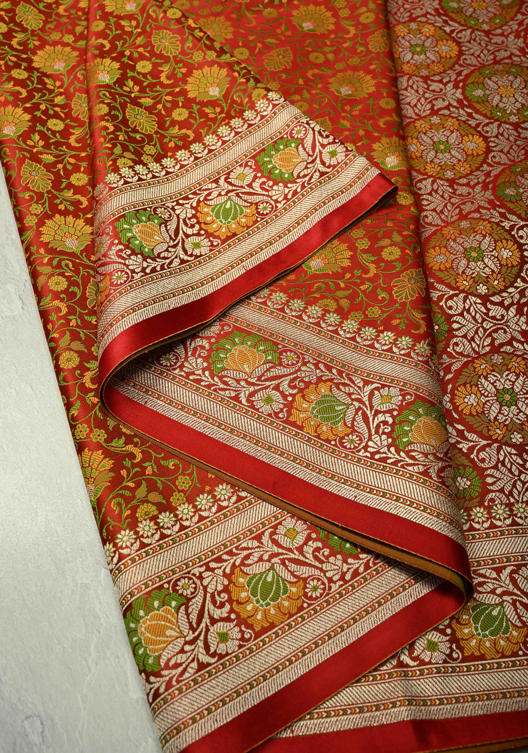 Scarlet Red Semi Tanchoi Banarasi Satin Silk Saree with Meenakari Floral Brocade Jaal