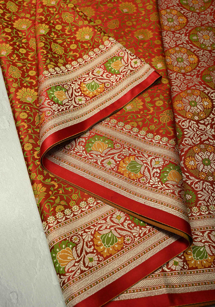 Scarlet Red Semi Tanchoi Banarasi Satin Silk Saree with Meenakari Floral Brocade Jaal