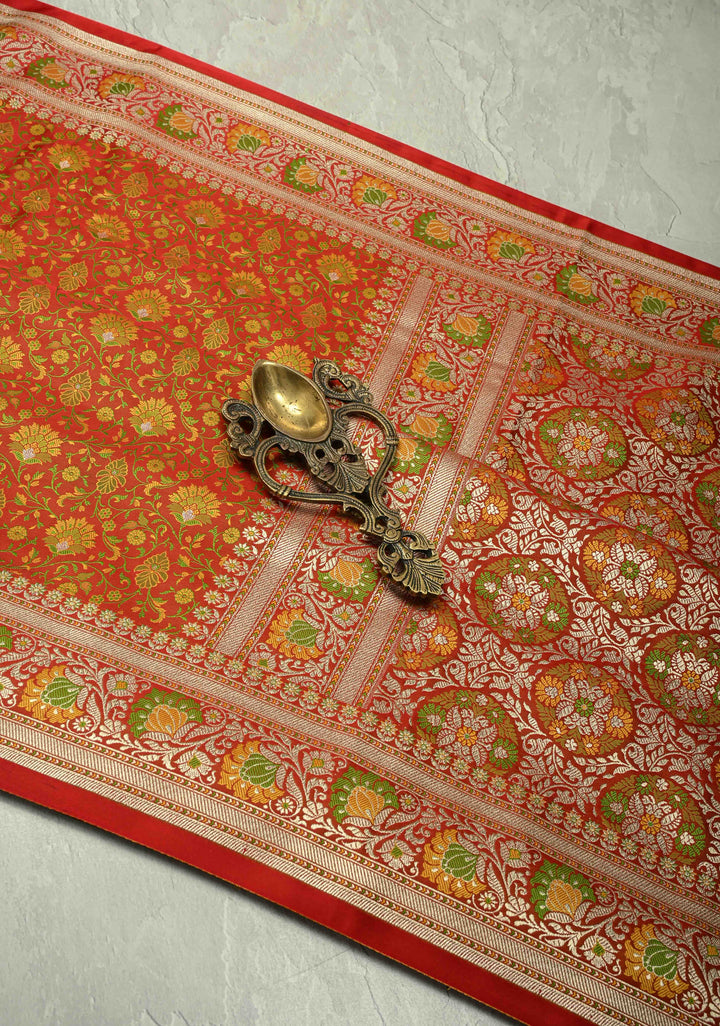 Scarlet Red Semi Tanchoi Banarasi Satin Silk Saree with Meenakari Floral Brocade Jaal